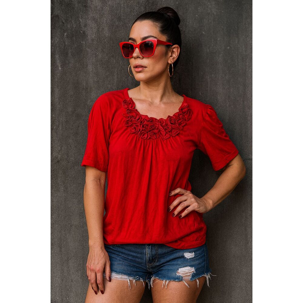 CUSTO BARCELONA Red Floral Neck T Shirt Tee Top Women's Size Small